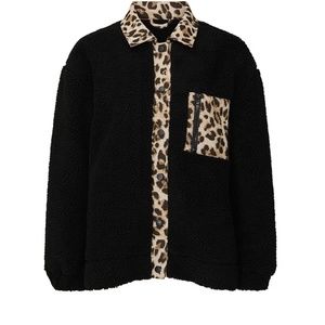 Louna Leopard Trim Faux Black Sherpa Jacket